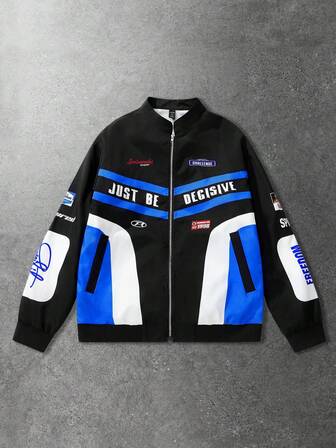 Unisex Rennfahrerjacke, Kontrast-Farbblock Abzeichen & Englisch Muster Motorradjacke, Herbst/Winter