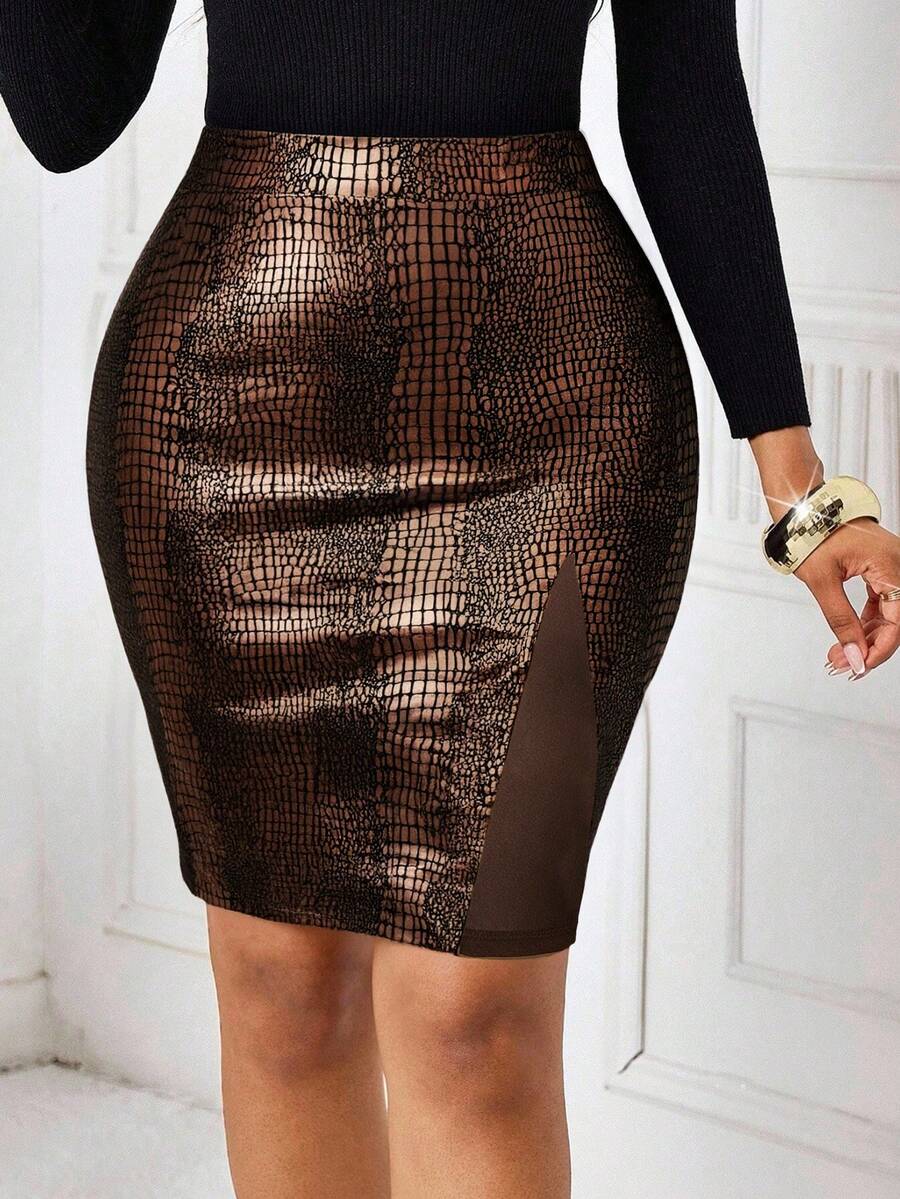 SHEIN Lady 网眼和仿皮图案面料拼接，修身短裙，时尚通勤和优雅日常穿着皆宜 - 棕色 - 查看 1