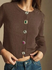 Maija Damski jednorzędowy kardigan z okrągłym dekoltem i metalowymi guzikami, dzianinowy, do pracy w mieście, elegancki, biznesowy, casualowy, podstawowy top na wyjścia, na Boże Narodzenie i Nowy Rok, jesień/zima, jesień dla kobiet
