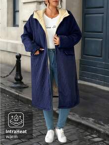 EMERY ROSE Plus Size Mid-Length Hooded Long Sleeve Padded Coat - Navy Blue - View 7