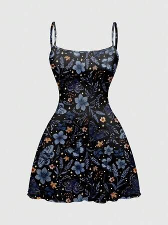 Fairycore Vestido mini para mujer con estampado de mariposa y celestial de bosque oscuro misterioso, azul y morado
