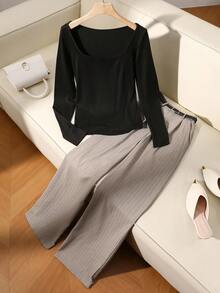 SHEIN Franclia 2 件套：优雅法式通勤黑色方领长袖紧身上衣和条纹西装裤，秋冬 - 黑色 - 查看 7