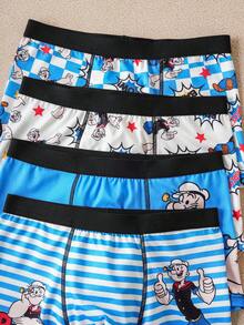 Popeye X SHEIN 4pcs Tween Boy Cool Boy Soft & Comfy Cute Cartoon Printed Underwear,Basic Casual Briefs Fall Winter Boxers For Kids Cartoon Boxers Boxers Graphic Boys Trunks Kids Underwear Boys - Blue - View 4