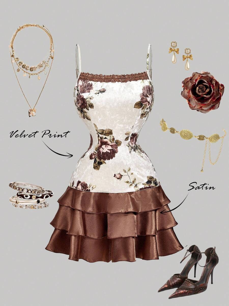 SHEIN MOD Elegantes Damen Minikleid mit Blume Muster Patchwork und Spaghettiträgern, Herbst/Winter, Peplum Kleid, Kleid Oberteile, Korsett Oberteil Kleid, Rüschenkleid, Blumenkleid, Weihnachtskleidung für Damen, Silvesterkleid, Partykleid, Boho Damen, Country Konzert, Western Wear, Strandkleid, Elegante Kleider für Partys, Brauner Rock, Samt Minikleid, Vintage