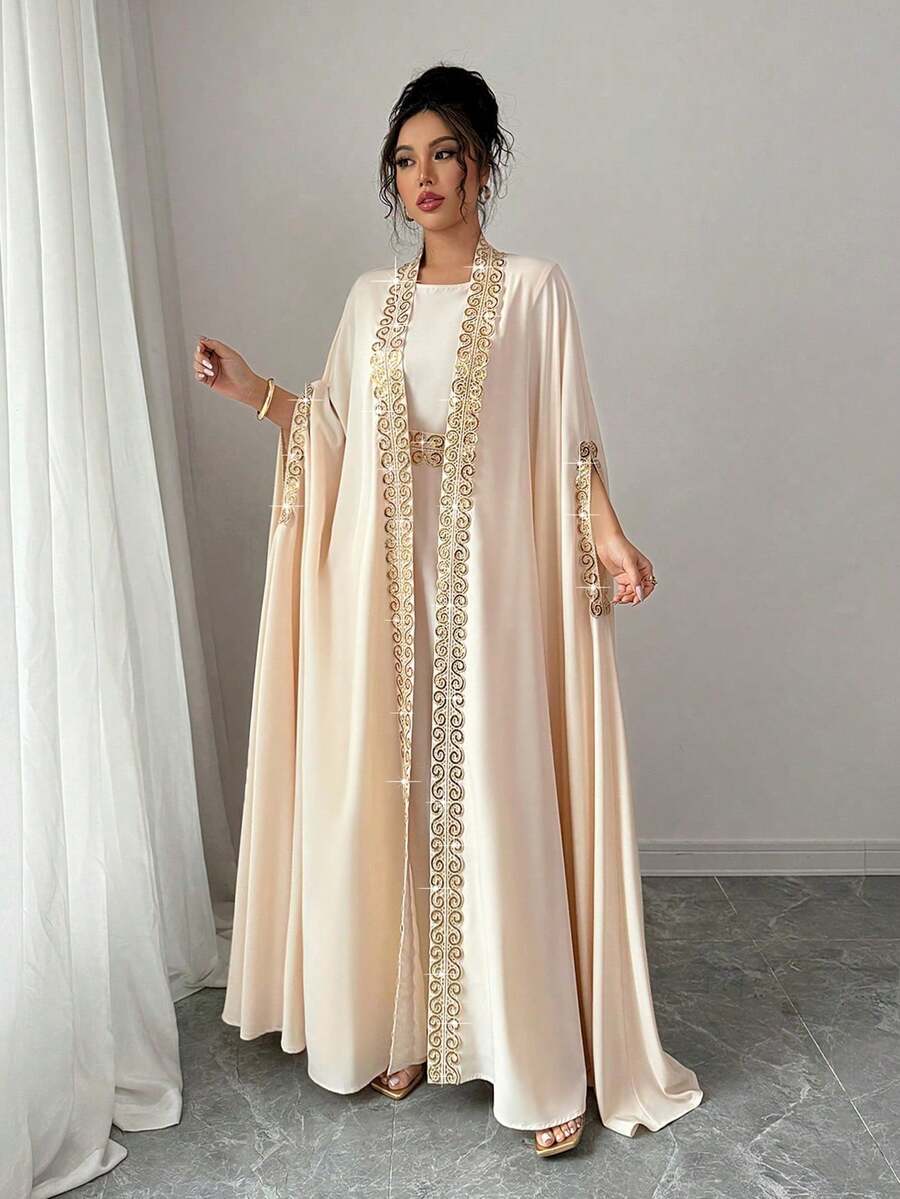 Rafferiza Women's Splice Ribbon Batwing Sleeve Jacket & Dress Elegant 2 Pieces Set - Apricot - View 1