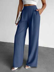 SHEIN Tall Calça casual feminina tamanho grande, cor sólida, cintura alta, plissada, perna reta - Azul Empoeirado - Ver 4