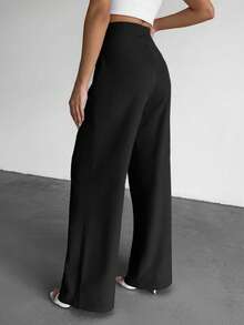 SHEIN Tall 高腰女式纯色高腰褶皱直筒休闲裤 - 黑色 - 查看 2