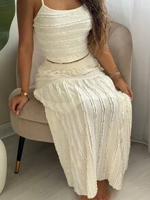 RebeccaVibe 女士杏色优雅荷叶边吊带背心和裙子 2 件套，女士度假装，女士夏季装，女士西装，乡村装，度假两件套 - 杏色 - 查看 3