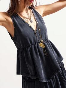 Bohemela 休闲V领宽松针织背心搭配松紧腰宽松舒适阔腿长裤，女士休闲水洗纯色针织V领宽松背心和中腰宽松阔腿长裤两件套，优雅女士套装，女士夏季套装，休闲女装，女士休闲套装 - 黑色 - 查看 4