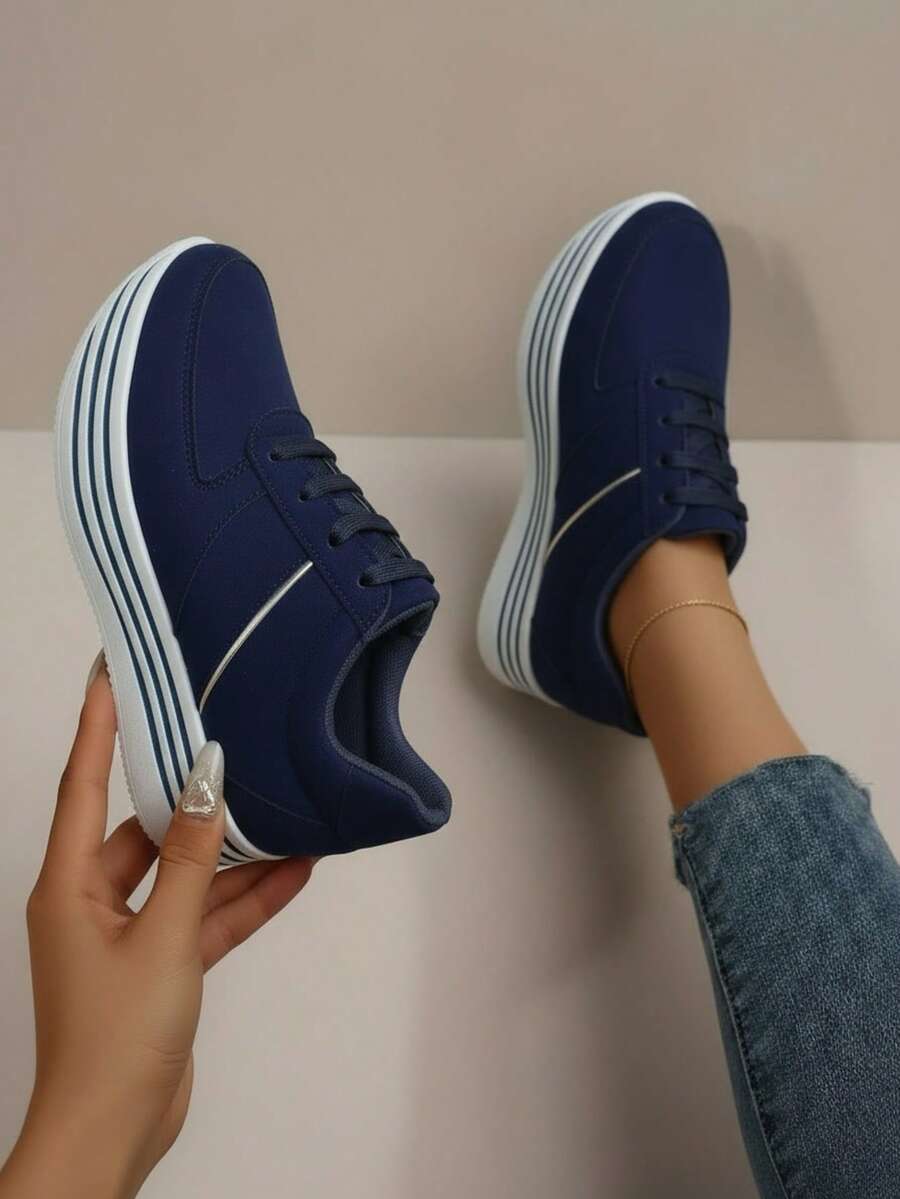 Zapatillas casuales para mujer, plataforma cómoda, punta redonda, cordones clásicos, estilo minimalista, uso diario, zapatos de moda - Azul Marino - Ver 1