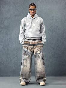 ROMWE MEN Street Life Quần Jeans Denim Nam In Hiệu Ứng Hình Ảnh Nhiều Đai Lưng - Màu xanh lam - Xem 2