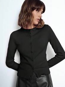 Maija 女士优雅纯黑色圆领纽扣长袖毛衣上衣，简约时尚，适合圣诞节、休闲、商务、日常穿着。 - 黑色 - 查看 4