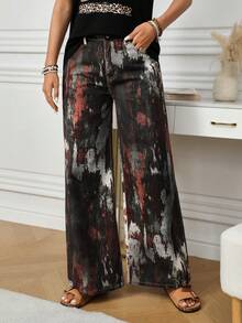 SHEIN LUNE Women's Fashionable Pocket Printed Straight-Leg Jeans Palazzo Pants Women Wide Leg Pants Boho Pants Pallazo Pants Women Silk Pants - Multicolor - View 1