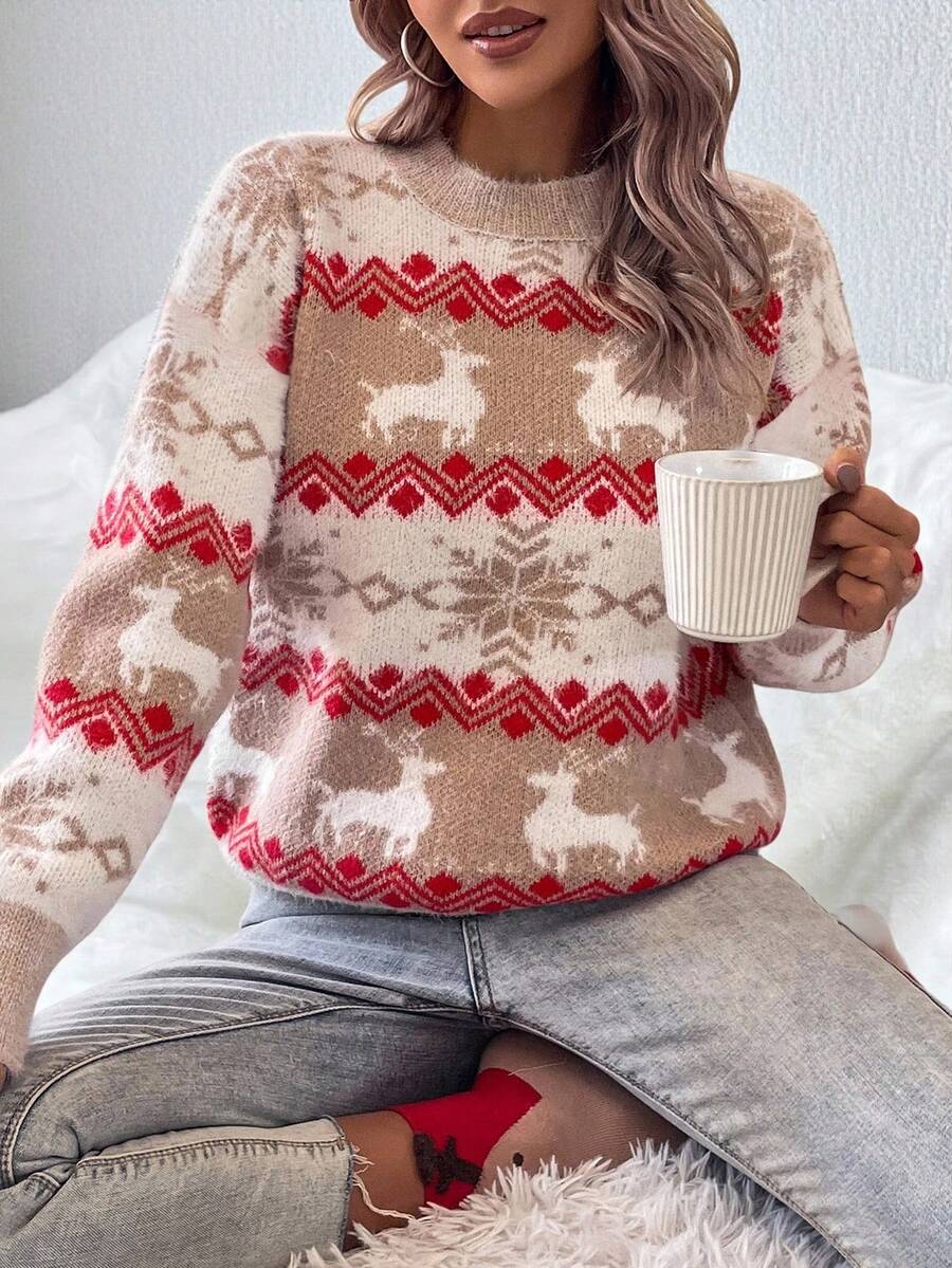 SHEIN LUNE 圣诞图案落肩毛衣，长袖上衣