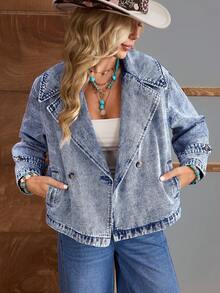 EMERY ROSE Women's Drop Shoulder Long Sleeve Vintage Casual Loose Fit Denim Jacket - Blue - View 5