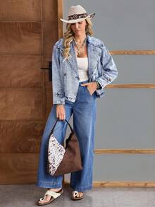 EMERY ROSE Women's Drop Shoulder Long Sleeve Vintage Casual Loose Fit Denim Jacket - Blue - View 7