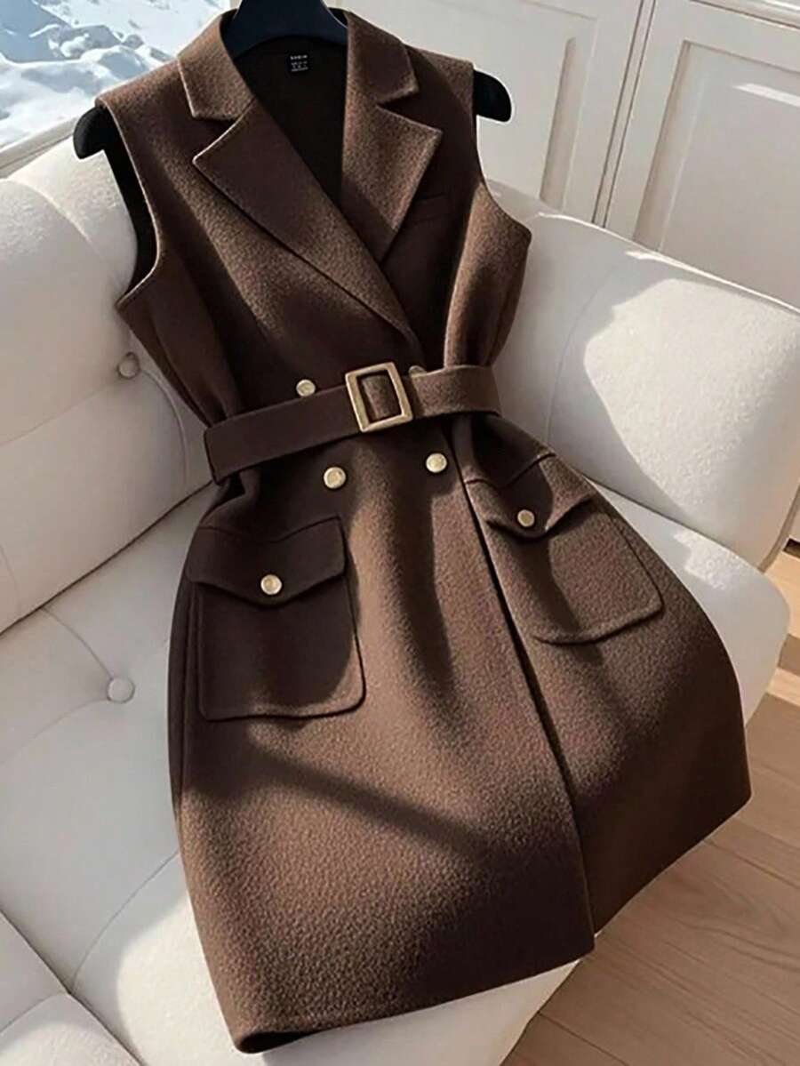 SHEIN PETITE Sleeveless + Metal Buckle Belt Mid-Length Woolen Coat - Coffee Brown - View 1