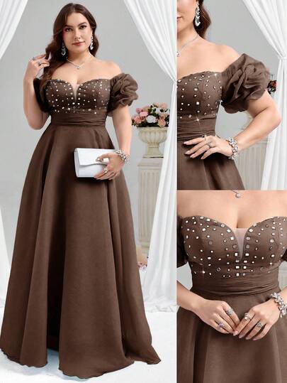 Coutiva Elegante vestido de bola con hombros caídos, cuello en V profundo, mangas cortas abullonadas y plisadas, con detalles de strass a cuadros, adecuado para fiestas de cumpleaños, ceremonias de graduación y cenas
