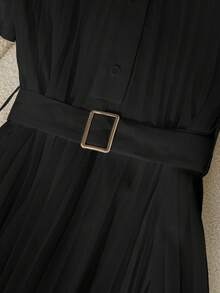 SHEIN Clasi 时尚高端法式优雅雪纺百褶短袖单排扣夏装连衣裙 - 黑色 - 查看 3