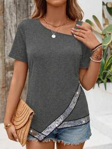SHEIN LUNE Women's Fashion Sequin Patchwork Strap T-Shirt, Summer - Grey - View 5