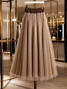 GlowEve CURVE 大码女式优雅网纱拼接纽扣装饰休闲通勤半身裙，秋季女装，俱乐部派对优雅长裙 - 棕色 - 查看 2