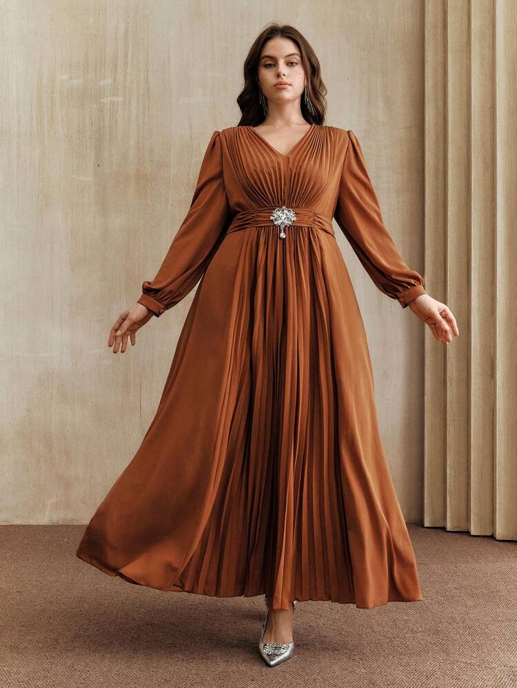 Plus Size Women's Palace Style Classic Pleated Diamond Decor Elegant Dress, Autumn/Winter Graceful Pleated Flowing Long Dress, Fashionable Elegant Everyday & Formal Occasion Wear, Suitable For Christmas, Weddings, Parties