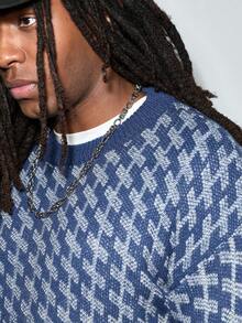 Modcrash Men's Casual Retro Style Jacquard Knit Pullover Sweater, Crew Neck Long Sleeve, Autumn/Winter - Navy Blue - View 7