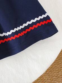 Elladie kids 1pc Girls' Casual Collared Embroidered Colorblock Knit Dress - Navy Blue - View 6