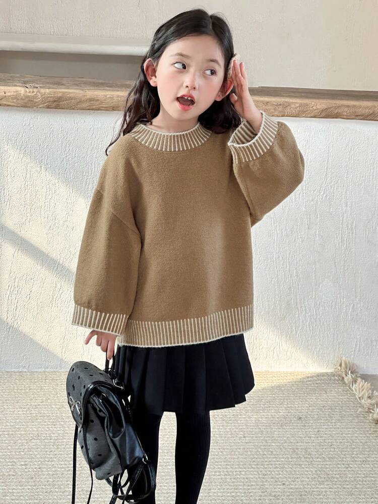Young Girls Round Neck Solid Color Casual Long Sleeve Sweater, Autumn/Winter