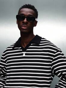 PLAYBOY X SUMWON Regular Fit Long Sleeve Horizontal Striped Polo Shirt With Collar For Casual Work Office Business Classic Menswear Style - Black and White - View 2