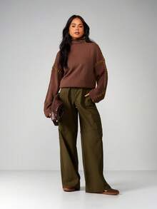 MISSGUIDED Women Funnel Neck Oversized Sweater With Contrast Whip Stitch Detail Long Sleeve Knit Pullover Fall Winter - Brown - View 3