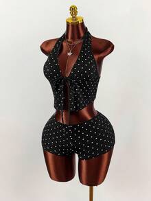 Amplova Y2K Deep V-Neck Halter Tie-Up Super Low Waist Striped Mini Shorts 2 Pieces Set Polkadot  2 Pieces Set Polka Dot Swimsuit Swimsuit Women Bikini Set Two Piece Swimsuit Polka Dot Bikini Vacation Outfits Women Y2K Valentine's Day Polka Dot Pokadot Bikini Sexy Women Clothes - Black - View 3