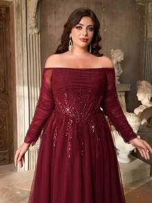 Aureia 大码优雅浪漫奢华酒红色露肩褶皱长袖贴花V腰薄纱连衣裙，适合晚宴、生日、约会、舞会、婚礼宾客、情人节等场合。 - 酒紅色 - 查看 5