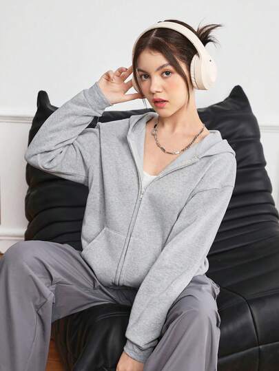 Sparklyn 少女休闲简约纯色口袋拉链保暖长袖卫衣外套，四季必备，适合假日、夏季和旅行