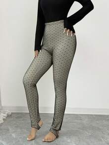 Chiquease Leggings thermiques moulants à pois noirs brodés, pouvant être portés comme vêtement extérieur. Idéal pour l'hiver, Noël, Nouvel An, Thanksgiving, la plage et les fêtes. - Noir - Voir 3