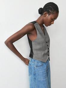 Maija Colete feminino xadrez sem mangas com decote em V e painel traseiro recortado, ideal para o ambiente de trabalho casual de negócios, com estilo vintage discreto e urbano. Perfeito para ocasiões formais e elegantes. - Preto - Ver 3