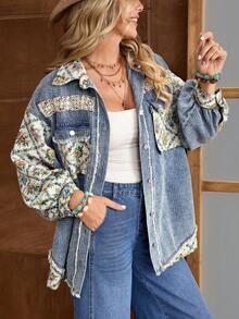 EMERY ROSE Women's Floral Print Drop Shoulder Long Sleeve Single-Breasted Casual Denim Jacket - Blue - View 2