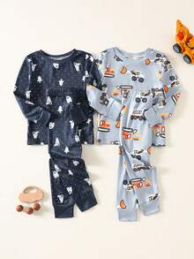 Baby Boys Pajama Set,Cute Navy Blue Polar Bear & Construction Truck Print Crew Neck Top And Pants,Autumn Lounge Snug Fit Four Season Outfit Sets - Multicolor - View 1