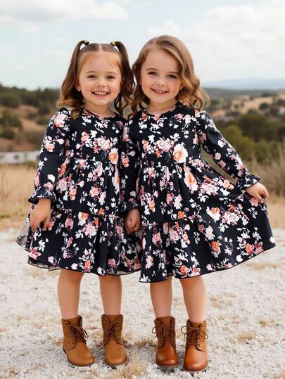 SHEIN Young Girl Young Girl Twins Girl Ditsy Floral Round Neck Puff Sleeve Fitted Casual Cake A-Line Dress,Autumn Winter New Arrival,Young Girl ,Mommy & Sisters & Me Matching.Back To School, Girls Fall Dress Little Girl Floral Long Sleeve Party Dress Girls Autumn Dress Tween Fall Dress Kids Floral Dress
