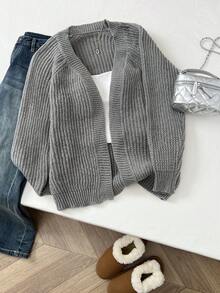 Flirla Áo len cardigan dài tay màu trơn đơn giản phong cách thoải mái cho nữ, áo dài tay - Màu xám đen - Xem 3