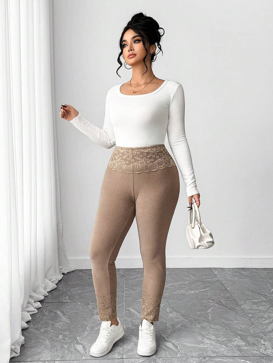 SHEIN Elenzya Damen Leggings in Große Größen, Lässig Sport Yoga Hose mit Spitzenbesatz an Taille und Saum, hohe Dehnbarkeit, geeignet für den täglichen Gebrauch - Braun - Übersicht 1