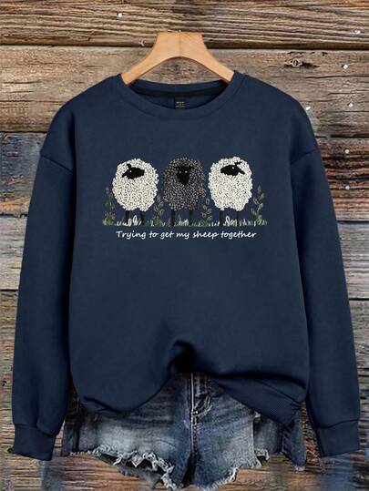 EMERY ROSE Women's Sheep Letter Slogan Graphic Print Casual Long Sleeve Round Neck Pullover Sweatshirt,Fall/Winter