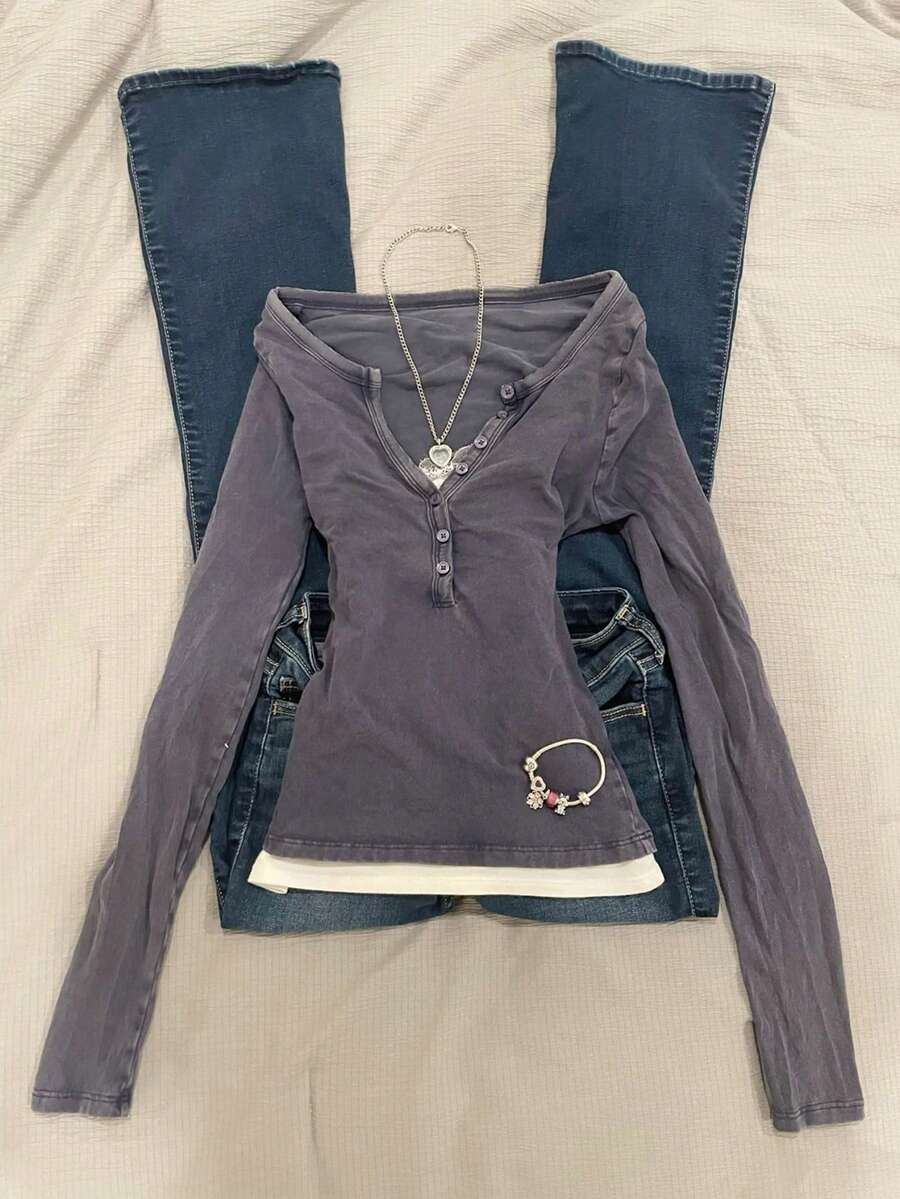 INAWLY 女士修身长袖二合一 T 恤