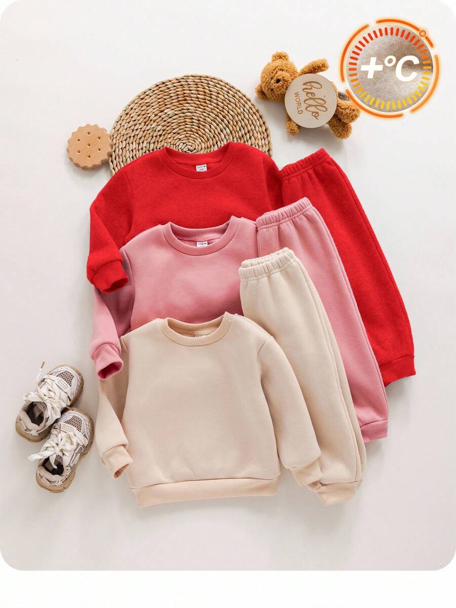 SHEIN 女婴可爱休闲纯色长袖卫衣套装 - 彩色 - 查看 1