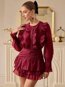 Aveloria EMERY ROSE Conjunto de 2 peças elegante estilo francês, composto por blusa leve de chiffon franzido e minissaia plissada. - Borgonha - Ver 6