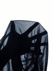 Elenzga Plus Size Women Dark Feminine Fashion (Wednesday Aesthetic) Elegant High-End Design Niche Chiffon Scarf Shawl Sleeve Open Slit Waist Tie Decor Dress, Suitable For Everyday, Party, Banquet