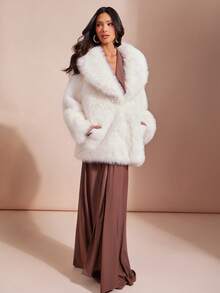 L'Amorae Solid Color Plush Short Casual Warm Winter Fashion Jacket - Apricot - View 3
