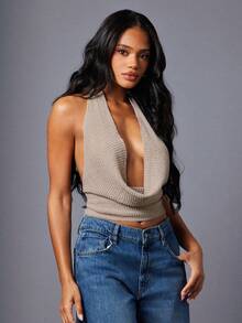 Hauture Sexy Casual Simple Basic Knitted Heather Melange Deep Cowl Backless Halter Top - Camel - View 3