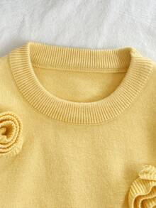 Mädchen süßer gestrickter Pullover, Blumen 3D-Dekor Rundhals Pullover, gelber Langarm-Top geeignet für den täglichen Gebrauch, Ausflüge, Sport, Outdoor-Aktivitäten, Partys - Gelb - Übersicht 3