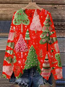 EMERY ROSE Pullover mit 3D-Weihnachtsbaum-Muster in Große Größen für Frauen - Roter und grüner Tannenbaumkragen, lässiger Rundhals-Strickpullover - Rot - Übersicht 8